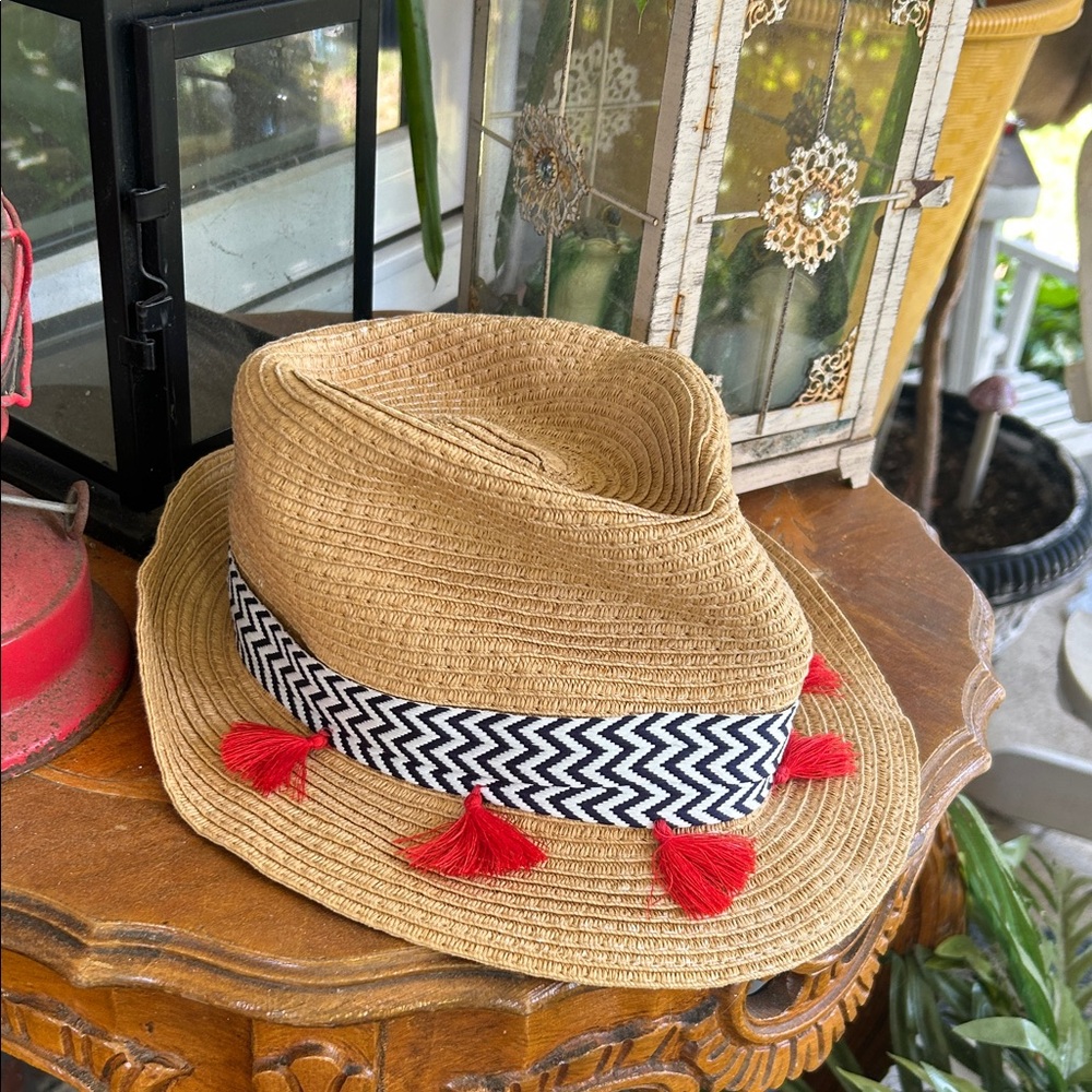 Tan Straw Fedora Hat with Red Tassels